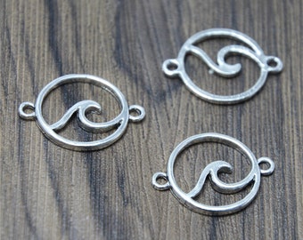 10 Antique Silver Tone Wave Charms: Ocean Connector Pendants (27x20mm)