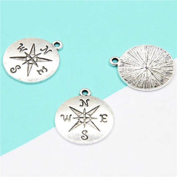 10pcs round Compass charm compass maritime protection symbol guidance and direction silver tone charm 20mm