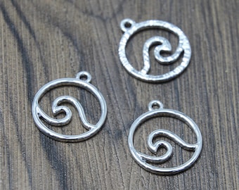 Ocean Wave Charms: Antique Silver Tone Pendants (12pcs)