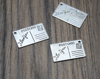 10pcs I Love You Postcard Charms Postcard Pendants  Silver Tone 15 x 25 mm