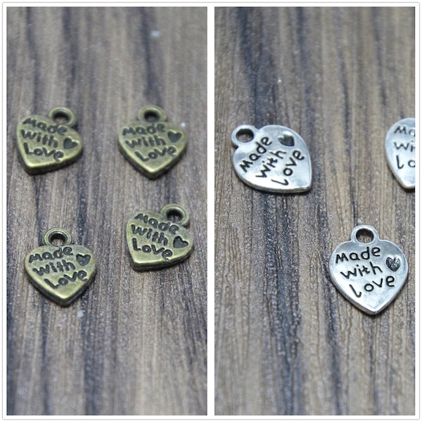 50pcs Made with love Heart charmes coeur ton argenté fait avec l'amour Pendentifs 12x10mm