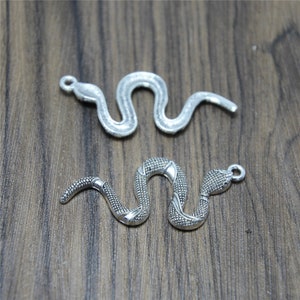 May include: Two silver snake charms, one with a smooth surface and the other with a textured surface. Both charms have a loop for attaching to a necklace or bracelet.