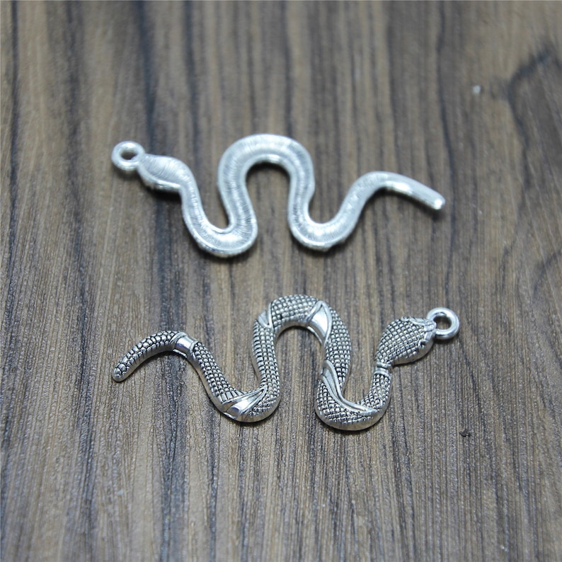 May include: Two silver snake charms, one with a smooth surface and the other with a textured surface. Both charms have a loop for attaching to a necklace or bracelet.