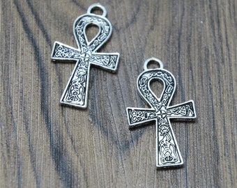 7pcs ankh croix Charms ton argent 2 côté Egypte ankh croix charme pendentif 37x21mm