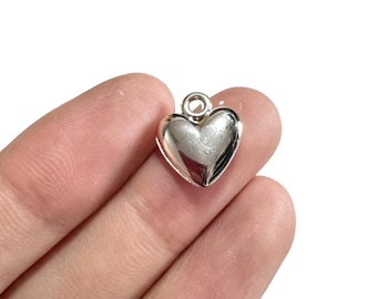 30pcs Silver Tone Puffy Heart Charm, Minimalist Love Pendant for Jewelry Making 21x17mm