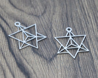 5 Silver Tone Stainless Steel Merkaba Charms: Kabbalah Pendants (27x21mm)
