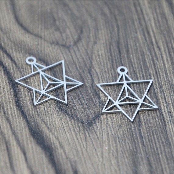 5 Silver Tone Stainless Steel Merkaba Charms: Kabbalah Pendants (27x21mm)