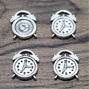 15 Silver Tone Alarm Clock Charms: Zinc Alloy Pendants (18x14mm)