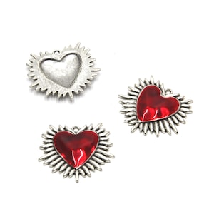 3pieces Christian Sacred Heart Milagro Charm Mexico Flame Enamal Pendant Shiny Silver Plated Tones 38x34mm