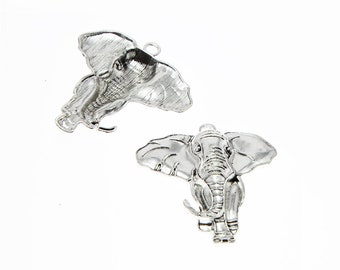 2 Antique Silver Tone Elephant Charms: DIY Jewelry Pendants (70x63x7mm)