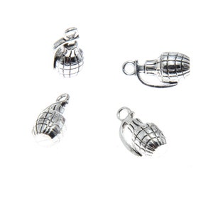 10 Silver Tone Hand Grenade Charm Pendants: DIY Jewelry (17x10x8mm)