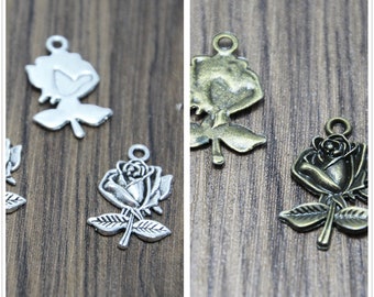 15pcs Rose Charms argent bronze ton Rose Flowers With Leaves charmes pendentifs 25x17mm