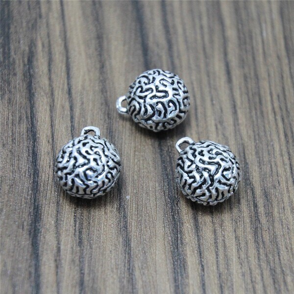 3D Human Brain Charms: Silver Tone Zinc Alloy Pendants (2pcs)