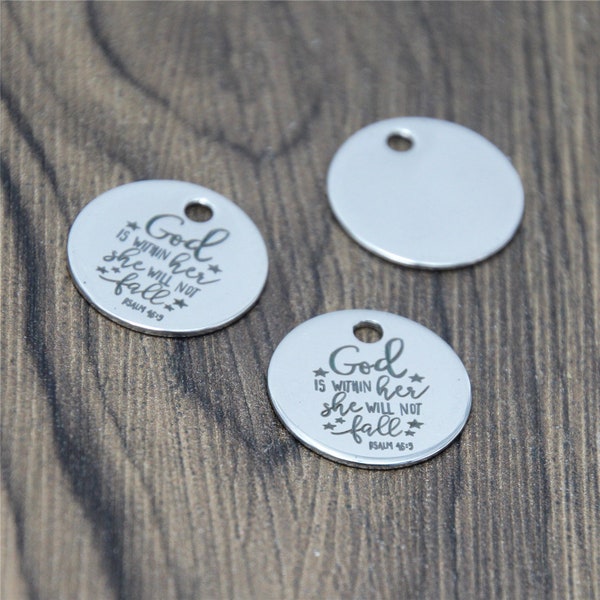 10pcs/lot Psalm charme Dieu est en elle, elle ne manquera pas Anneau Psaume 46:5 Message en acier inoxydable Charm pendentif 20mm