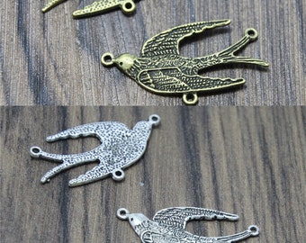 10pcs Swallow Bird Charms Antique Tibetan bronze/silver tone Lovely Opening Wings Swallow Connector Link Charm Pendant 38x20mm