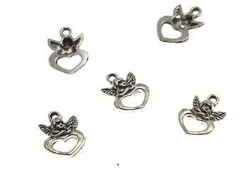 50 srebrnych zawieszek w kształcie serca Kupidyna: zawieszki DIY (8 x 12 mm)
