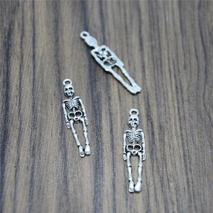 25pcs Skeleton Charms Silver tone Skeleton Hanging on Rope Charm Pendants 39x9mm