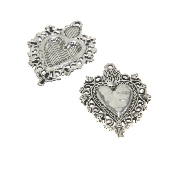 6Pieces/Lot Ex Voto Heart Charm Pendant Perfect for DIY Handcrafted Antique Silver Jewelry Making 38.5x26mm