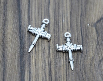 12pcs Cross charms silver tone 3D Nail Cross Charm Pendentifs 34x20mm