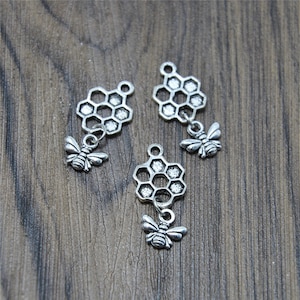 30 Antique Silver Bee and Honeycomb Charms: Zinc Alloy Pendants