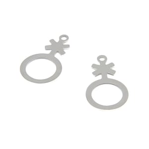 May include: Two silver metal charms in the shape of the gender symbol with a small circle and a star on top.