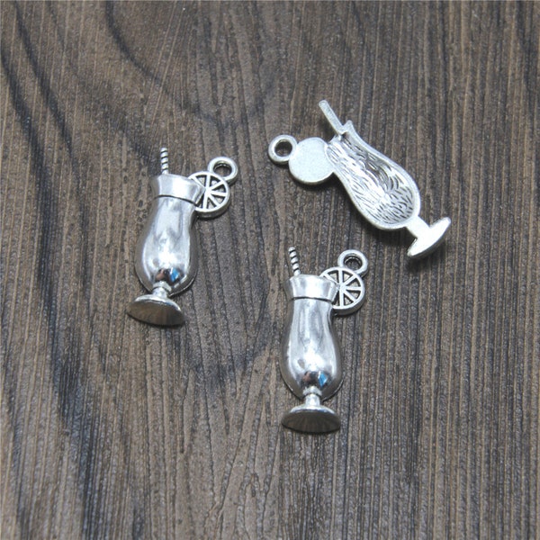 15pcs/lot Cocktail with Lemon Slice Charm Antique Tibetan silver tone Lime Wedge Margarita Cup Charm pendant 27x11x4mm