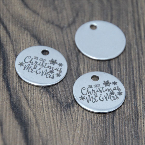 10pcs/lot Christmas charm Our first Christmas as Mr and Mrs Stainless steel message Charm pendant 20mm