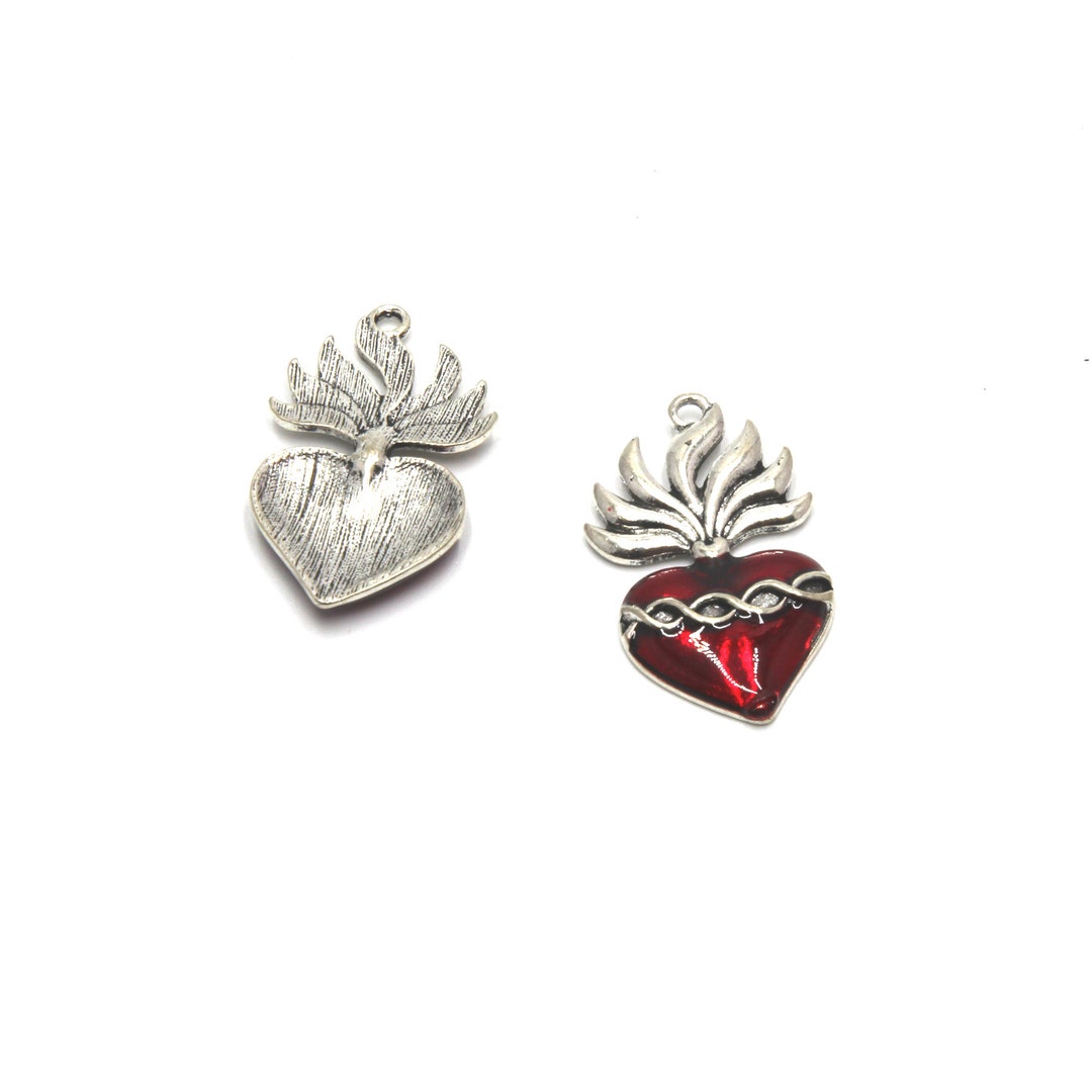 5pieces Sacred Heart Charm Mexico Tin Sacred Heart With Wavy Flames and Thorns Enamal Milagro Ex