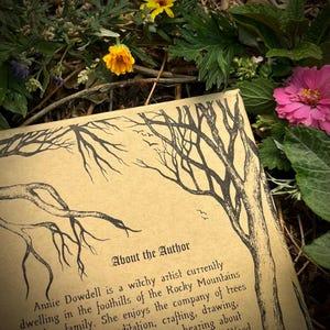 Op de afbeelding: Een close-up van een boekomslag met een zwart-witte illustratie van takken. De tekst "About the Author" is gedrukt in een decoratief lettertype. De boekomslag is bruin en heeft een ruwe textuur.