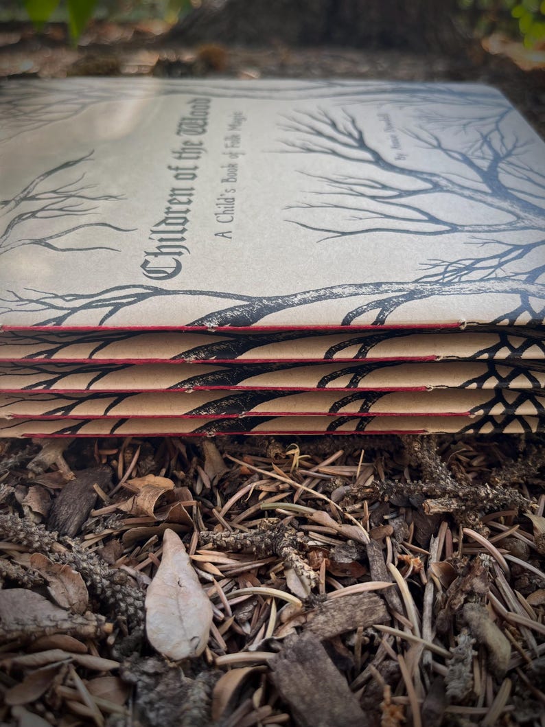 Op de afbeelding: Een stapel van vier boeken met een bruine kaft en zwarte inkt-illustraties. De titel van het boek is "Children of the Wood" en de ondertitel is "A Child's Book of Folk Magic".