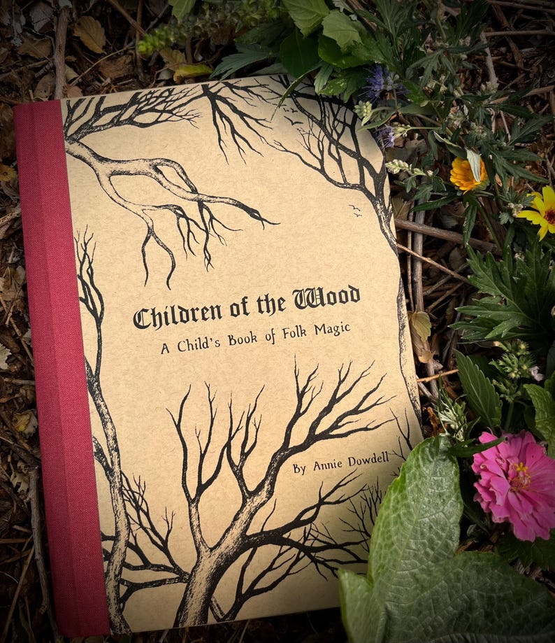 Op de afbeelding: Een bruin boek met een rode rug, getiteld "Children of the Wood: A Child's Book of Folk Magic" door Annie Dowdell. De omslag toont een zwart-witte illustratie van takken.
