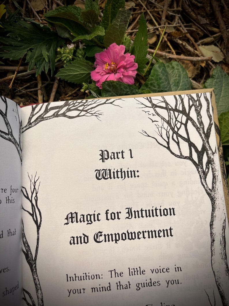 Op de afbeelding: Een open boek met de titel "Deel 1 Binnen: Magie voor intu&iuml;tie en empowerment". De tekst gaat verder met "Intu&iuml;tie: De kleine stem in je hoofd die je leidt."