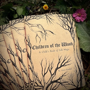 Op de afbeelding: Een stapel bruine paperbacks met een zwart-witte illustratie van takken van bomen op de omslag. De titel van het boek is "Children of the Wood: A Child's Book of Folk Magic" door Annie Dowdell.