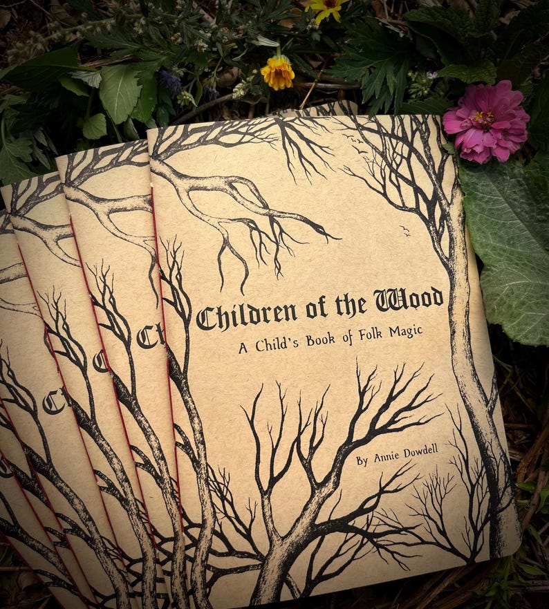 Op de afbeelding: Een stapel bruine paperbacks met een zwart-witte illustratie van takken van bomen op de omslag. De titel van het boek is "Children of the Wood: A Child's Book of Folk Magic" door Annie Dowdell.