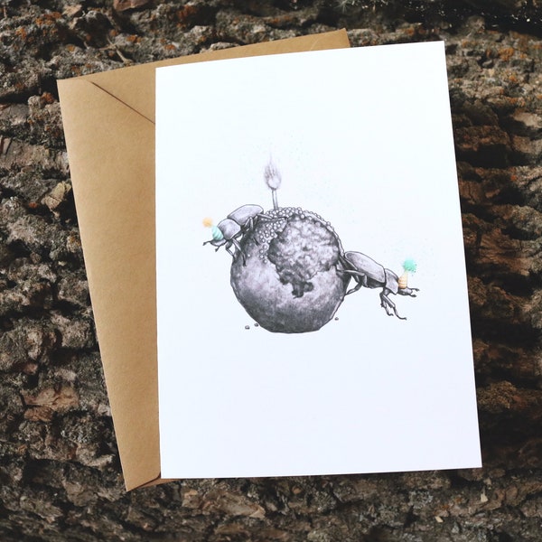 CARD - dung beetle, insect art, nature art, quirky, humor