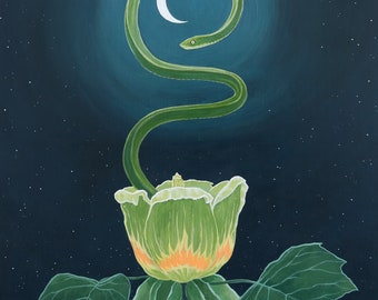 ART PRINT - green snake, moon