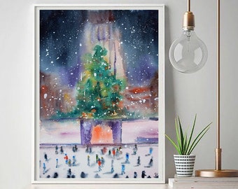Winter New York watercolor painting, Christmas New York City print, original abstract cityscape, snowy Manhattan poster