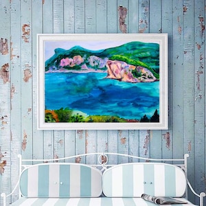 Coastal landscape painting, large original watercolor painting, Greece seascape, nautical home decor