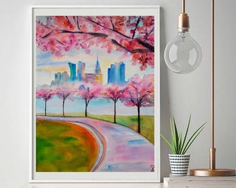 New York Poster, Sakura Flowers Watercolor Painting, Spring Manhattan Art Print