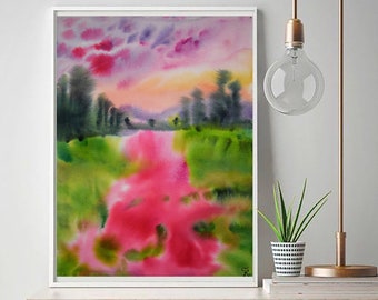 Sunset landscape painting, ORIGINAL watercolor painting, pink flowers wall art, romantic home decor