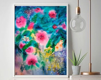 バラのプリント、花の水彩画、抽象的な壁アート、ピンクの花のポスター、ロマンチックなギフトのアイデア