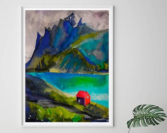 Iceland watercolor painting PRINT, Faroe Islands wall art poster, cozy cabin decor