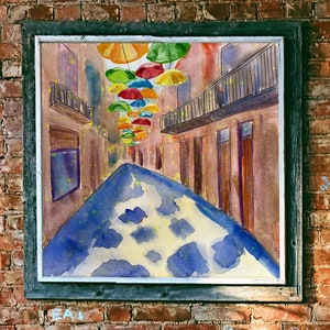 Dipinto originale in tecnica mista della Spagna, opera d'arte di città europee, arte murale mediterranea, arredamento colorato per la casa