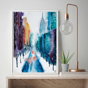 Snowy New York Watercolor Painting, New York City Print, Abstract Cityscape, Winter Manhattan Poster