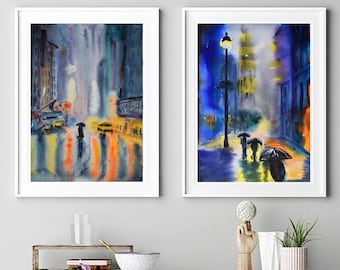 Rainy night New York watercolor painting set of 2 Digital Download, JPG PNG, abstract cityscape