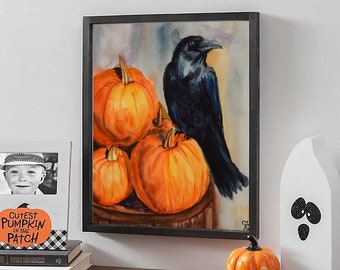 Halloween watercolor painting Digital Download JPG PNG, raven on pumpkins, mystic gothic wall art