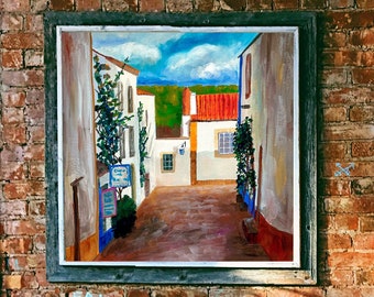 Portugal Painting Print, Europe Wall Art, Obidos Street Artwork, Travel Gift, Mediterranean Home Decor