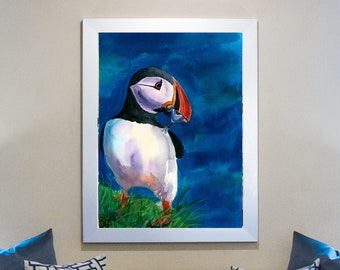 Puffin Print, Iceland Watercolor Painting, Large Poster, Nursery Decor, Wildlife Animal Art