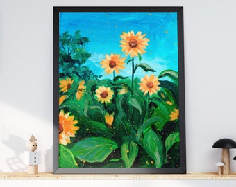 Sunflower Painting, Flower Poster, Cottagecore Summer Home Decor
