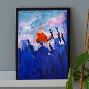 Dipinto ad acquerello astratto, opera d'arte originale del sole rosso, arte murale luminosa, regalo unico